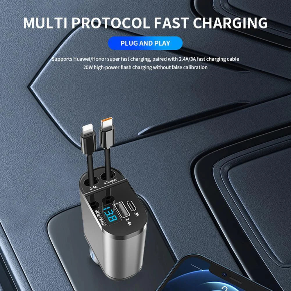 4-in-1 Retractable Car Charger - 120W Fast Charging for iPhone & USB Type-C Devices