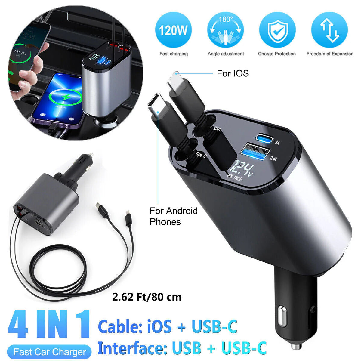 4-in-1 Retractable Car Charger - 120W Fast Charging for iPhone & USB Type-C Devices