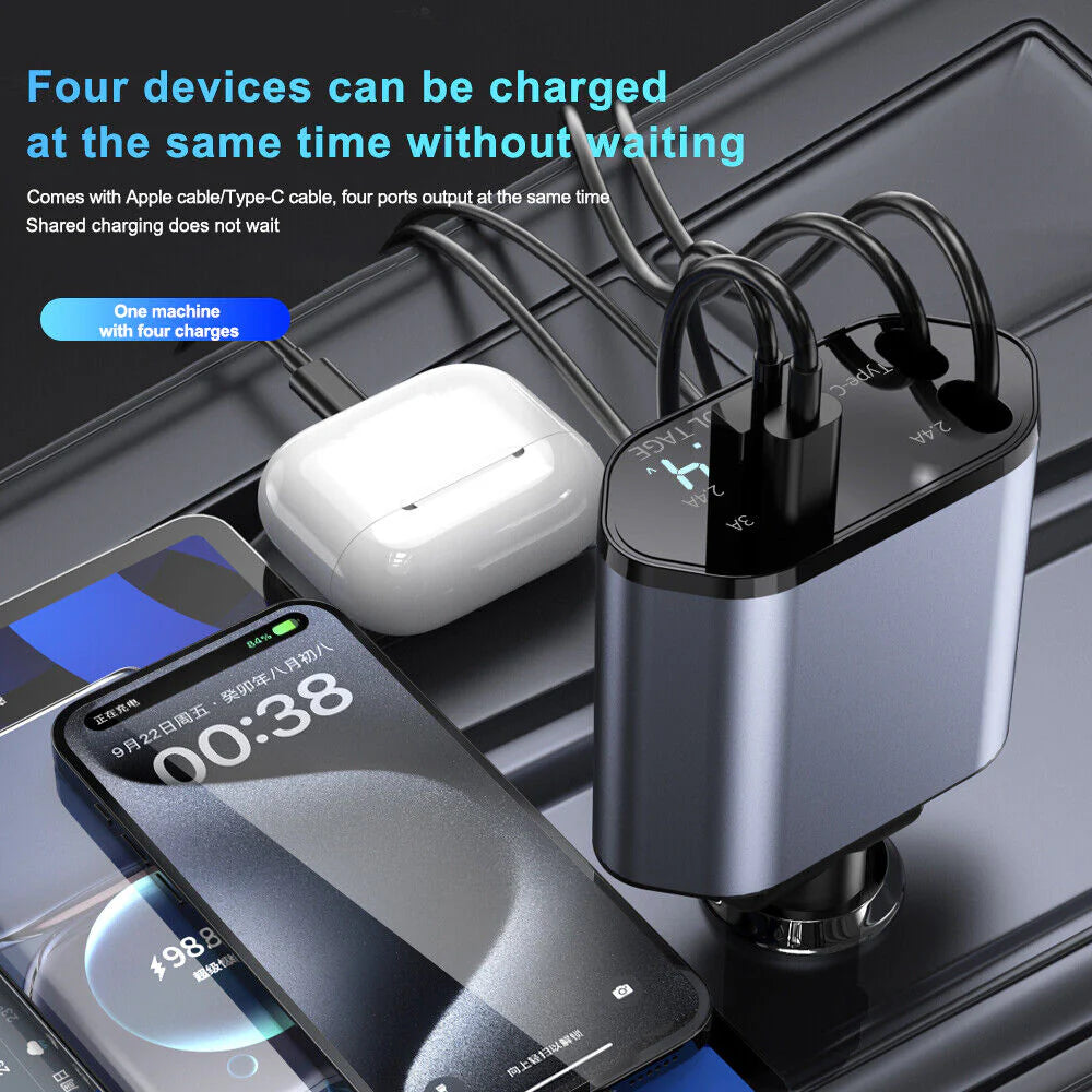 4-in-1 Retractable Car Charger - 120W Fast Charging for iPhone & USB Type-C Devices