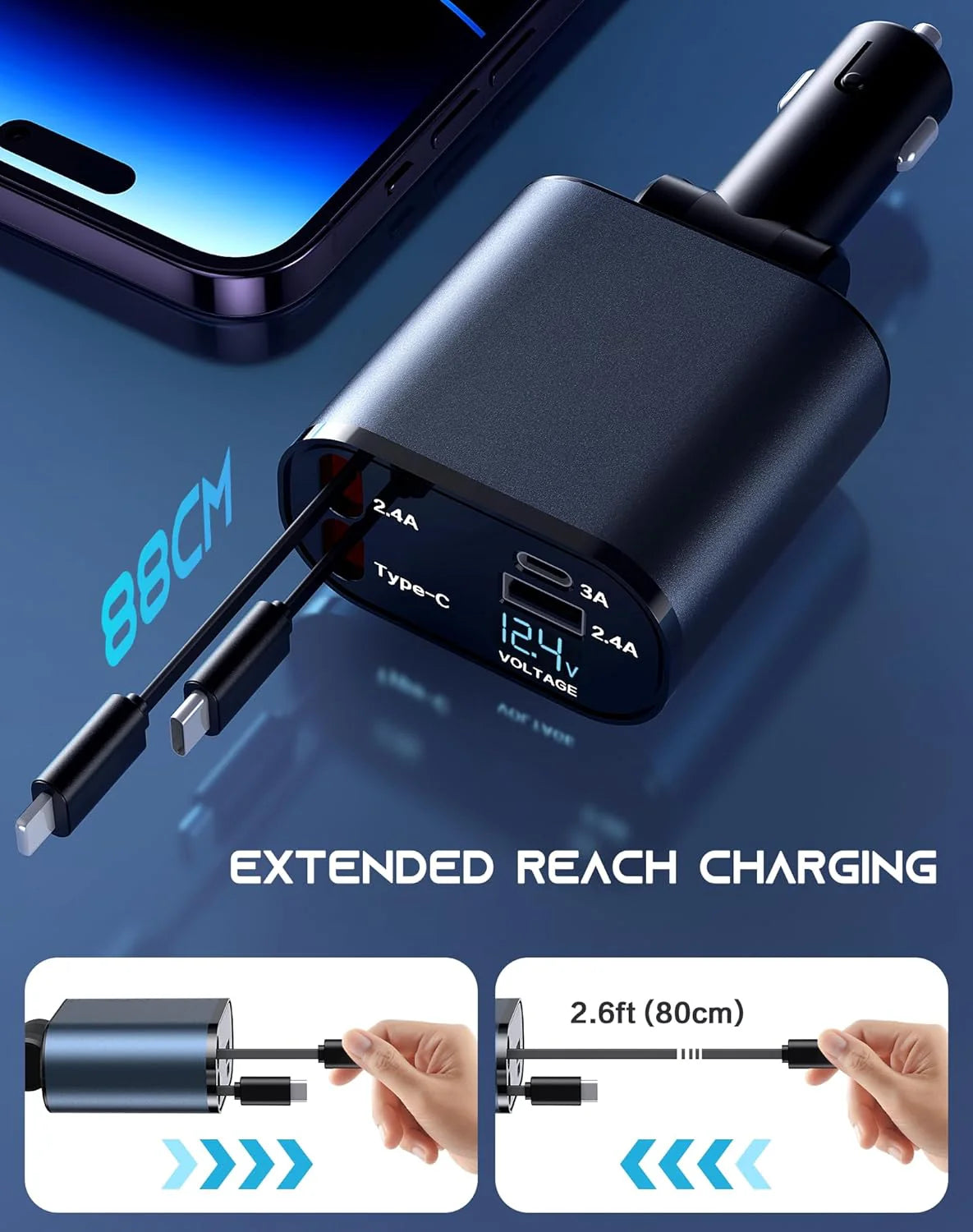 4-in-1 Retractable Car Charger - 120W Fast Charging for iPhone & USB Type-C Devices