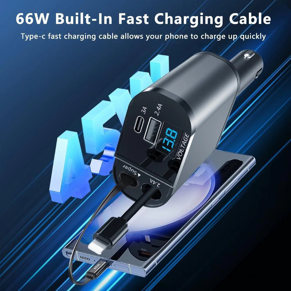 4-in-1 Retractable Car Charger - 120W Fast Charging for iPhone & USB Type-C Devices