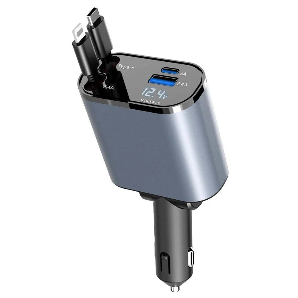 4-in-1 Retractable Car Charger - 120W Fast Charging for iPhone & USB Type-C Devices